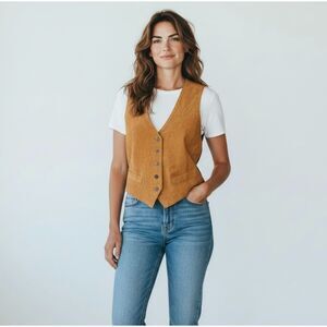 NWT Arizona Southwest Tan Leather Cowhide Button Front Vest - Large